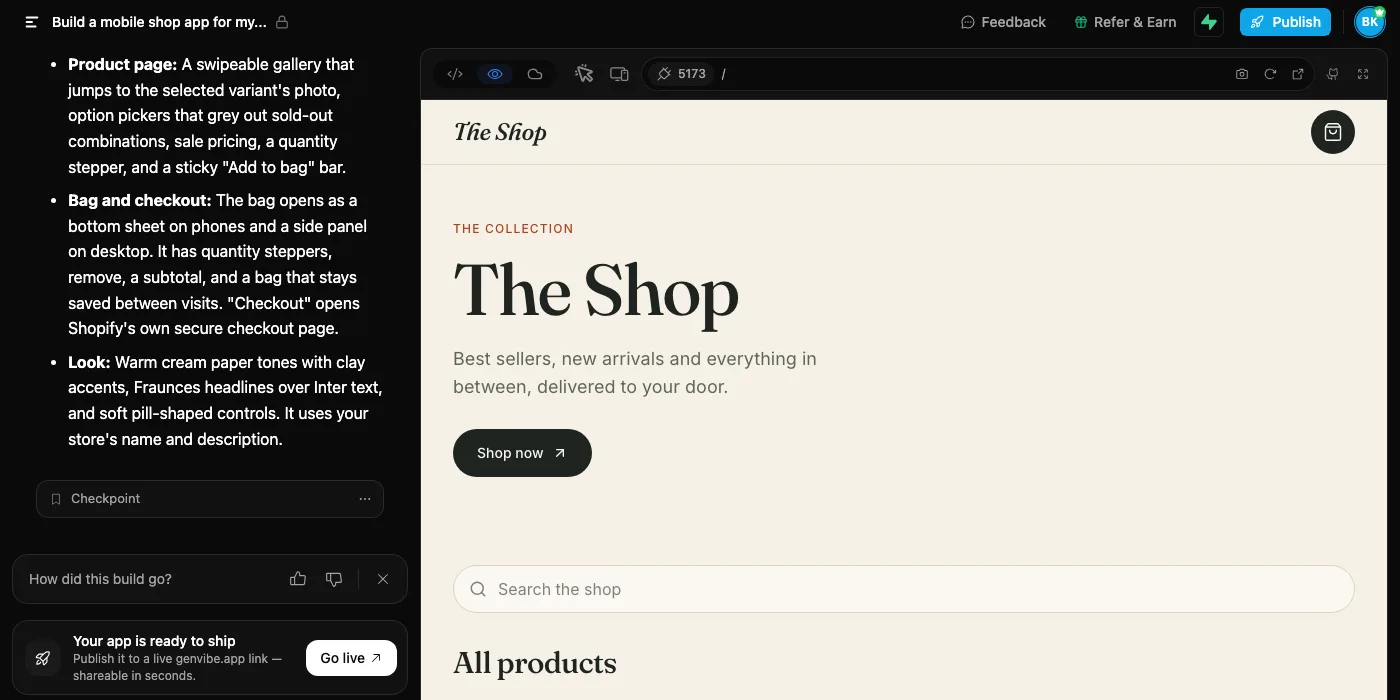 The GenVibe workspace: on the left, the AI's summary of the shop app it built (product page, bag and checkout, look); on the right, the live preview of the shop's home page with a search bar