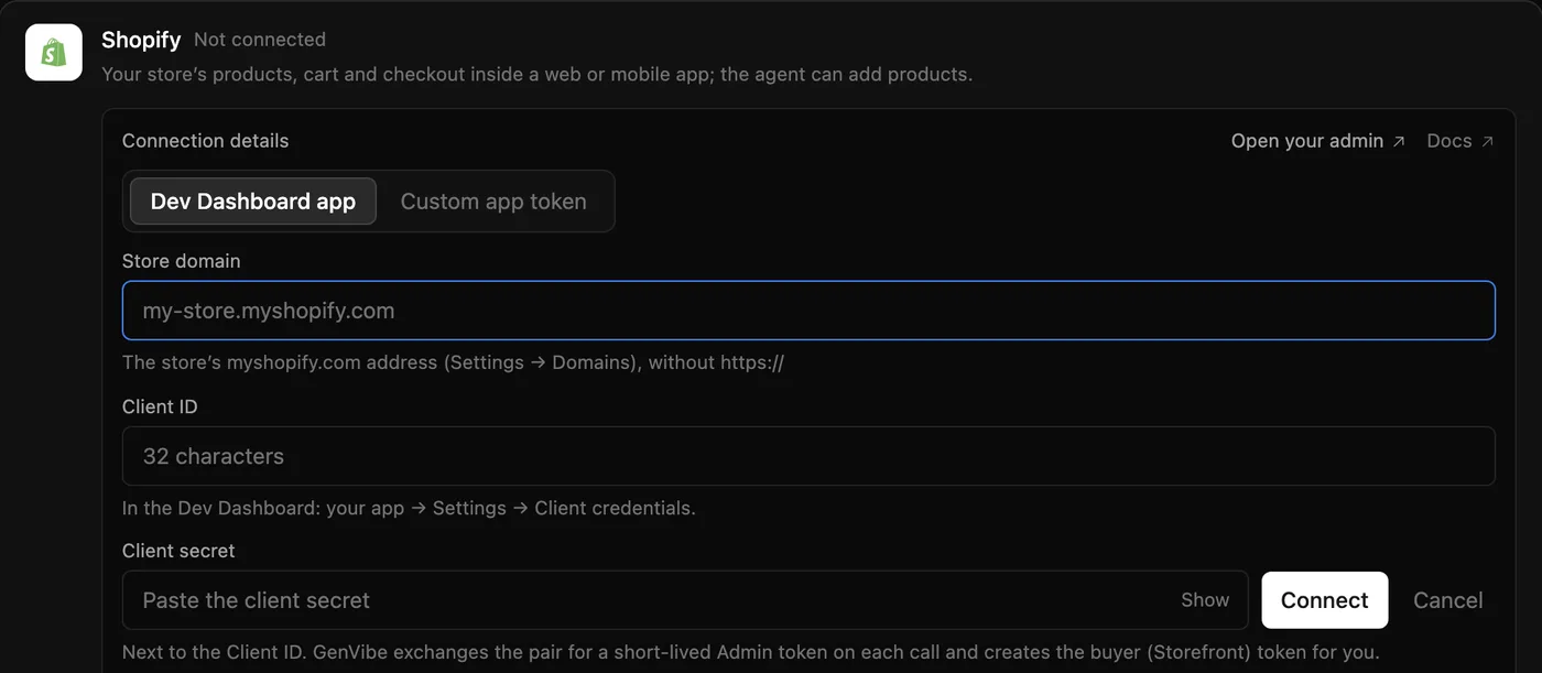 GenVibe's Shopify connection form: fields for the store's myshopify.com domain, the Client ID and the Client secret, with a Connect button
