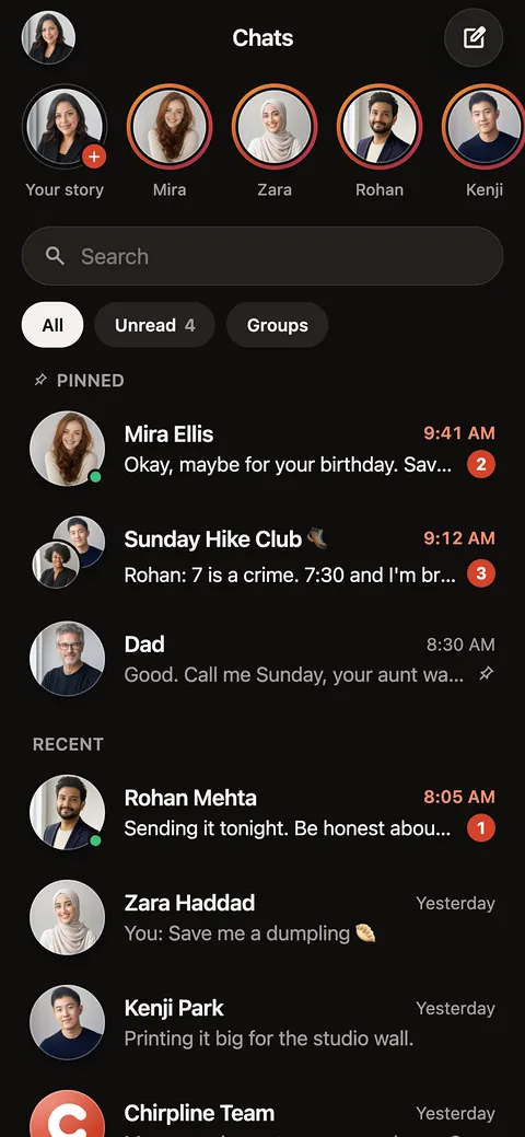 The chat list of Chirpline, a messaging app, in dark mode