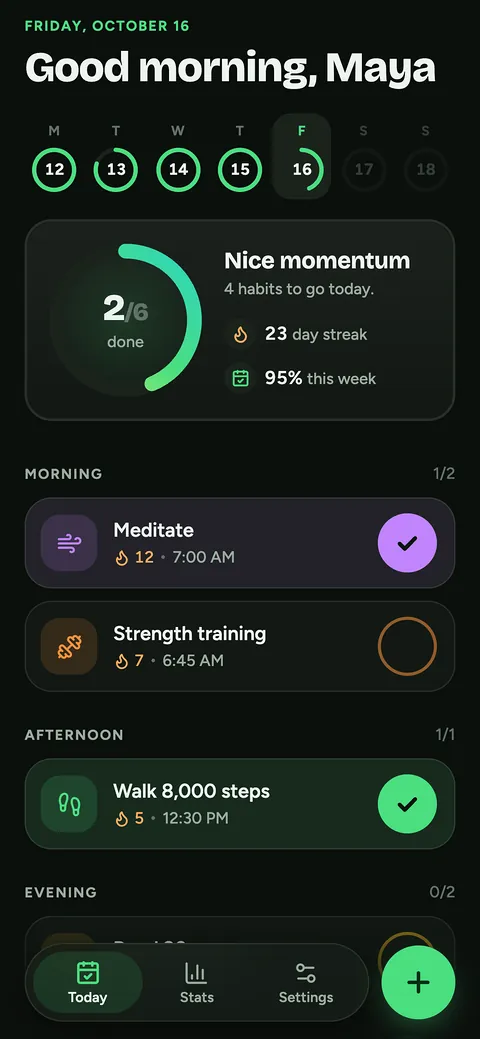 The daily habits screen of Rootwell, a habit tracker app