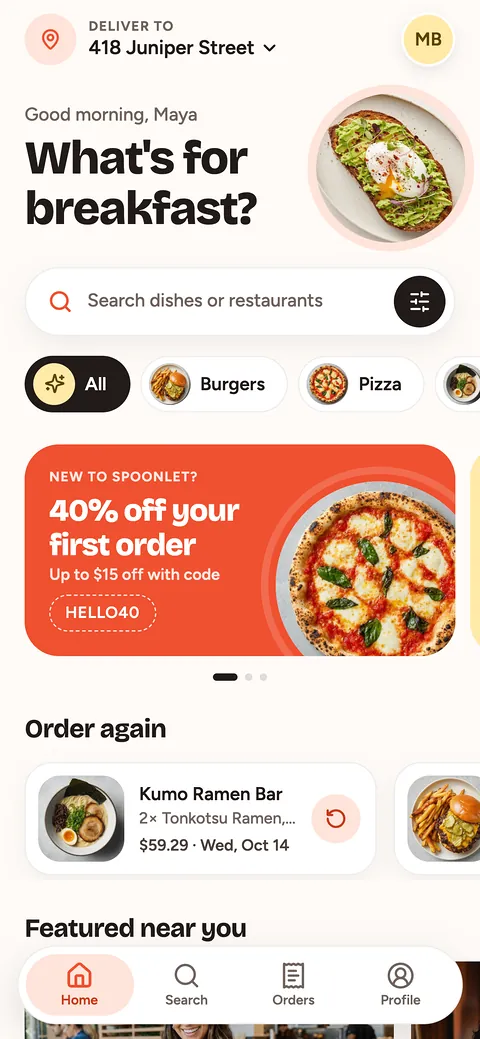 The home screen of Spoonlet, a food delivery app