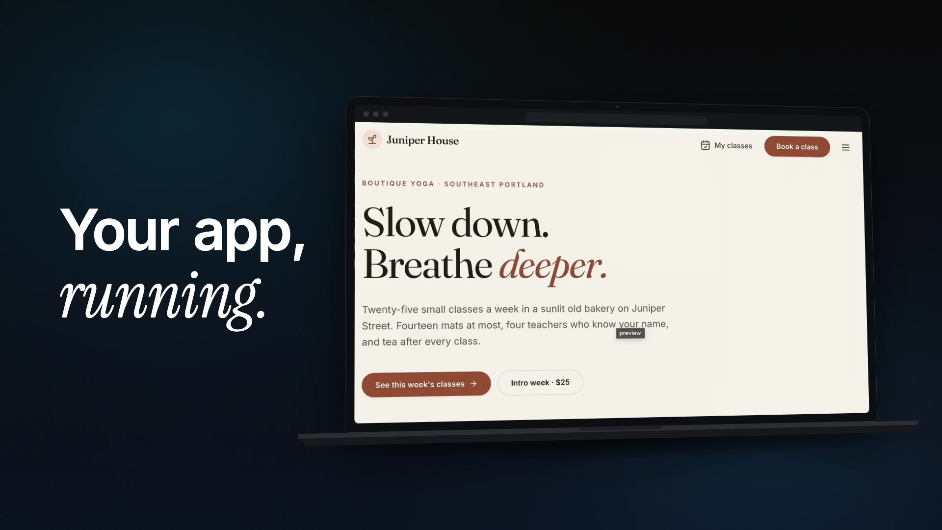 A tour of GenVibe: a finished app running on a laptop, pointing at the preview to change it, importing a Figma design, connecting Supabase, publishing in one click, a custom domain, and a phone app with its Android build
